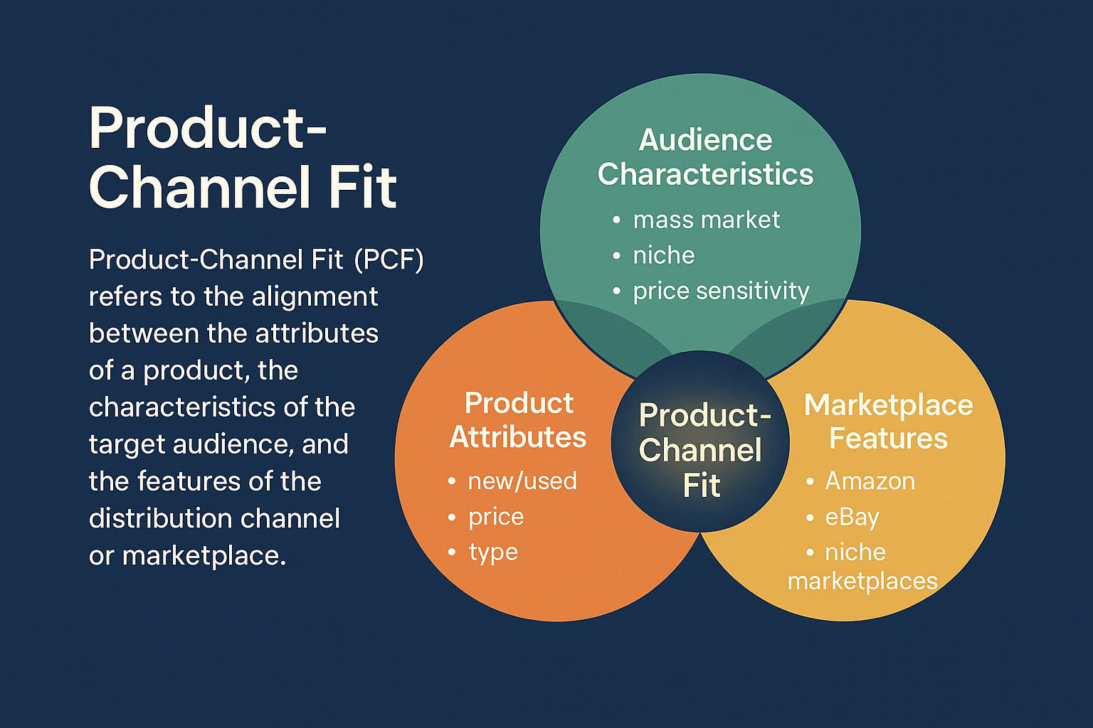 A decision tree flowchart guiding a user through choosing a marketplace (Amazon, eBay, Niche) based on product characteristics like 'New/Used', 'Branded/Unique', 'Mass Appeal/Specialized'.